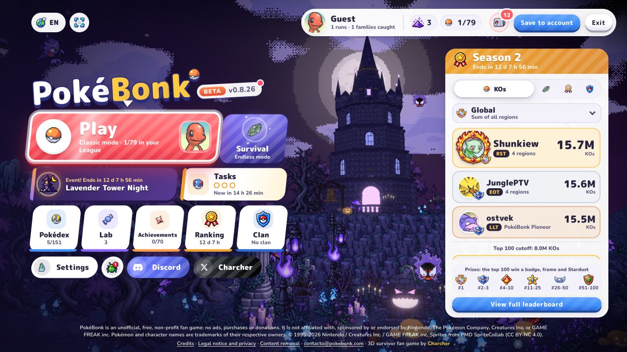 PokeBonk English main menu with Classic, Survival, Pokédex, Lab and Settings